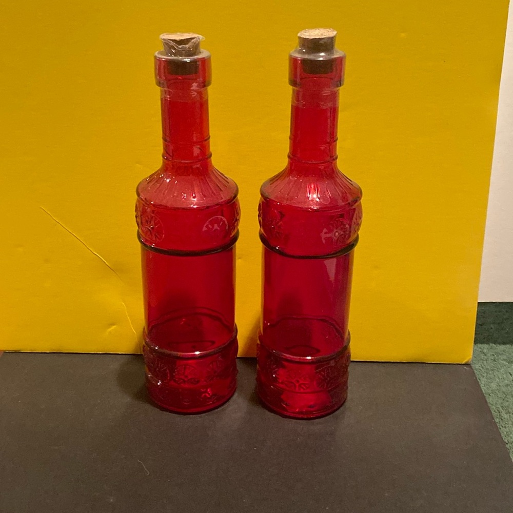 NWT 2 Red Glass colored bottles with corks
